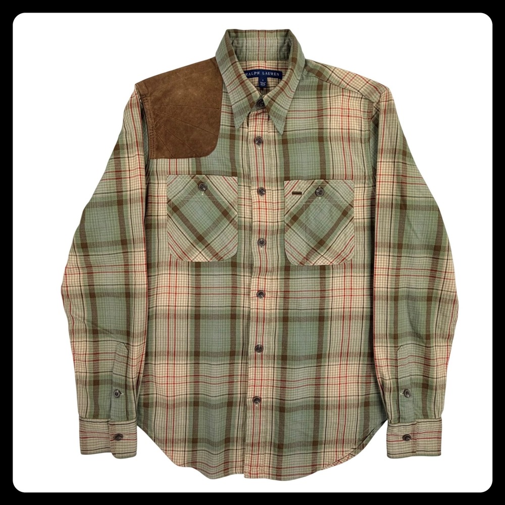 Ralph Lauren Shooting Shirt Women 4 Small Green Plaid Pockets Cotton Suede Patch